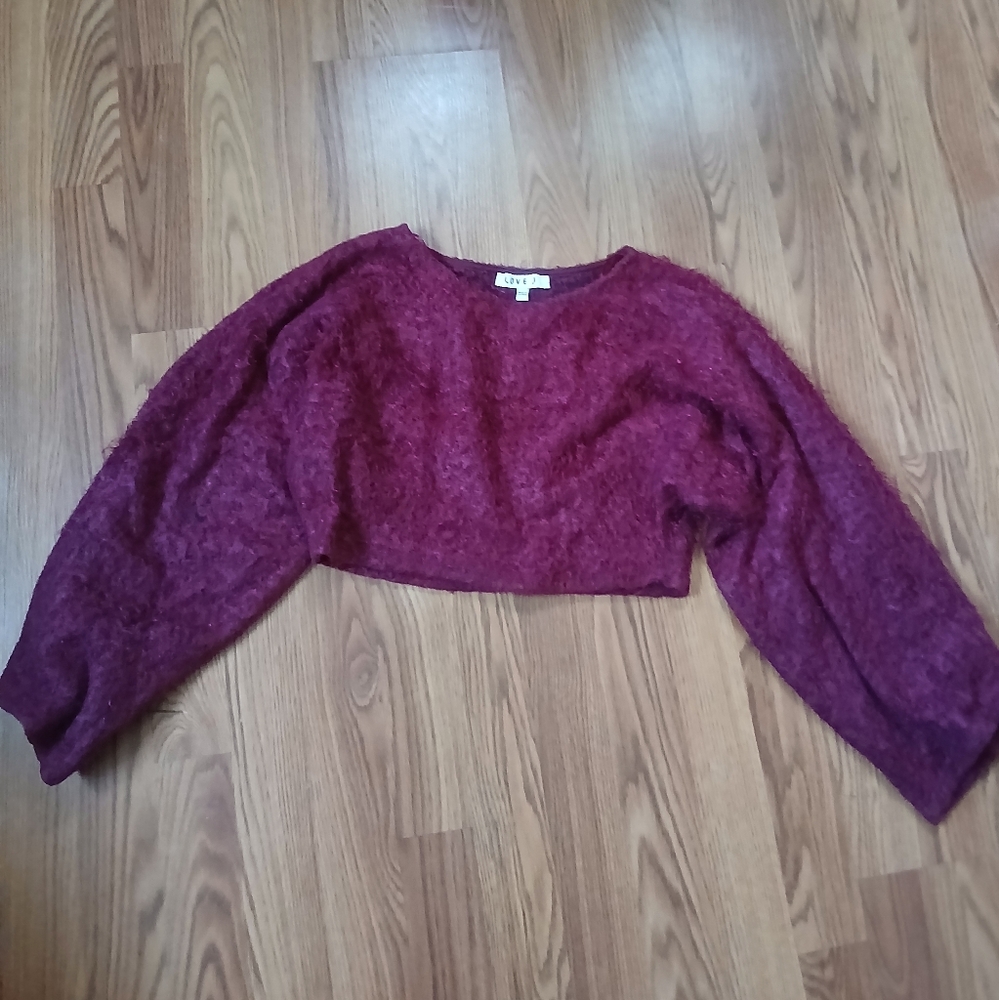 Love J Cropped Sweater Womens Large Burgundy Eyelash Knit Fuzzy Balloon Sleeve